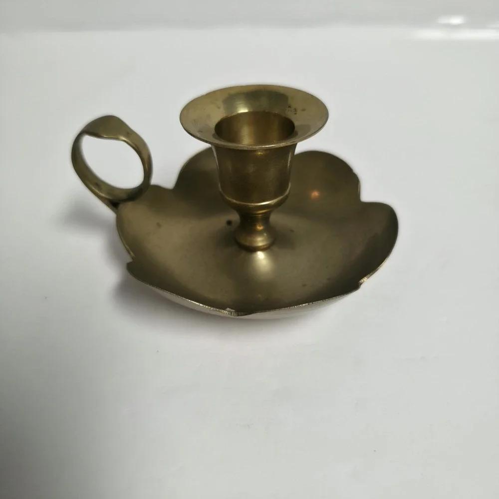 Vintage Brass Chamberstick Candle Holder Finger Loop Scalloped Petal Base